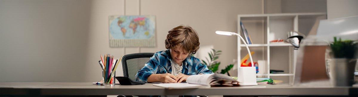 Niño sentado en un escritorio haciendo sus deberes