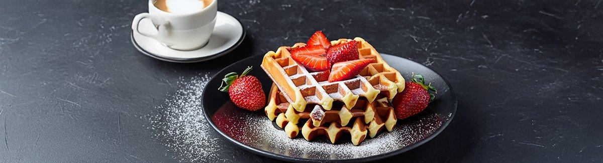 Waffle con fresa junto a un vaso de cafe