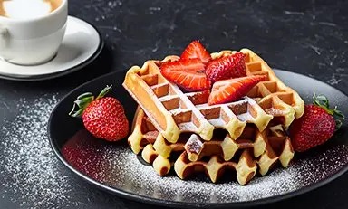 Waffle con fresa junto a un vaso de cafe