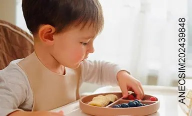 Niño de dos años sentado cogiendo una porción de un plato con banano, frambuesas y arándanos